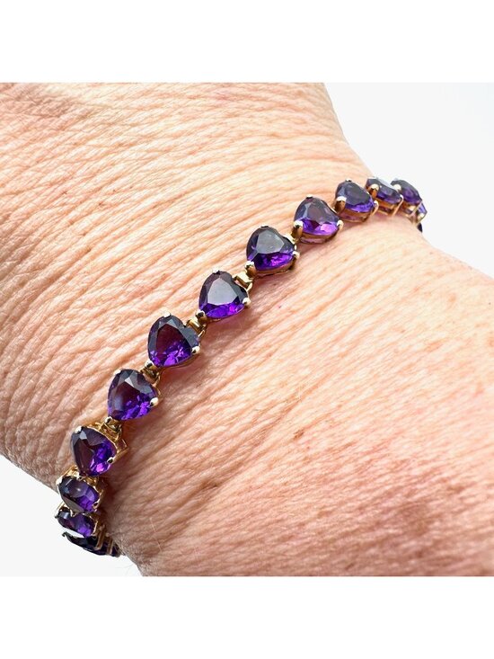 14K Gold Jewelry - 14K Gold Purple Amethyst Braceket Heart Stones Tennis Style 6.5 inch